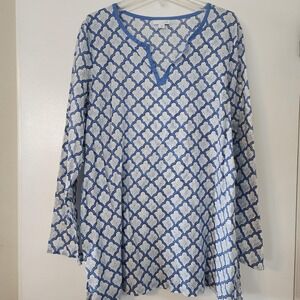 L Blue and White Lattice Long Sleeve Tunic by J Jill, Size Large